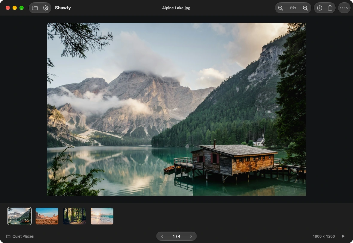 Shawty showing a landscape photograph with its native toolbar and folder filmstrip.